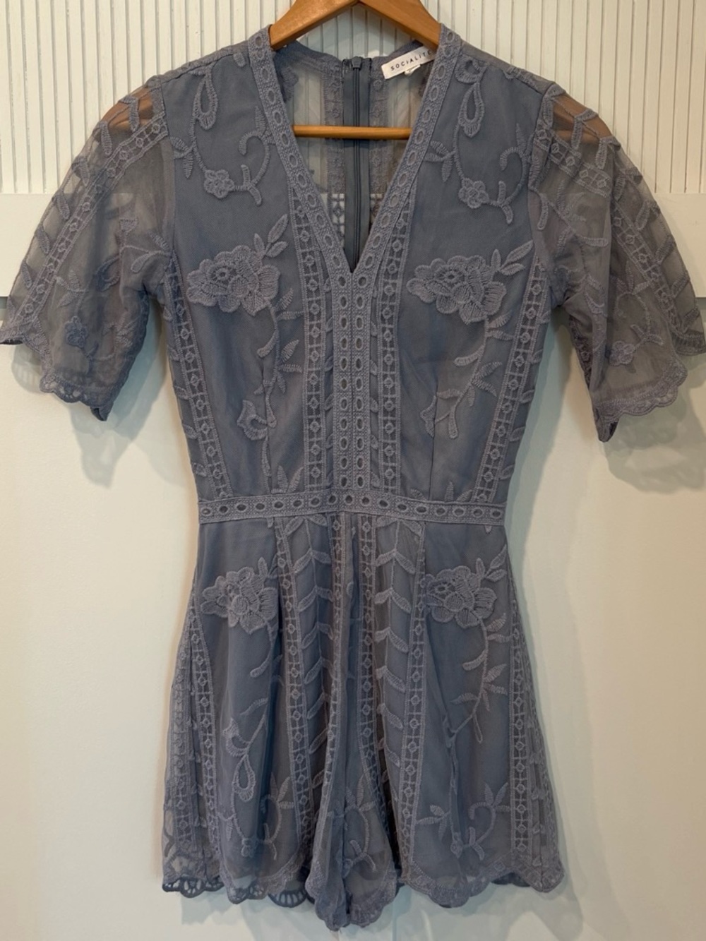 Socialite Dusty Blue Floral Lace Mini Romper